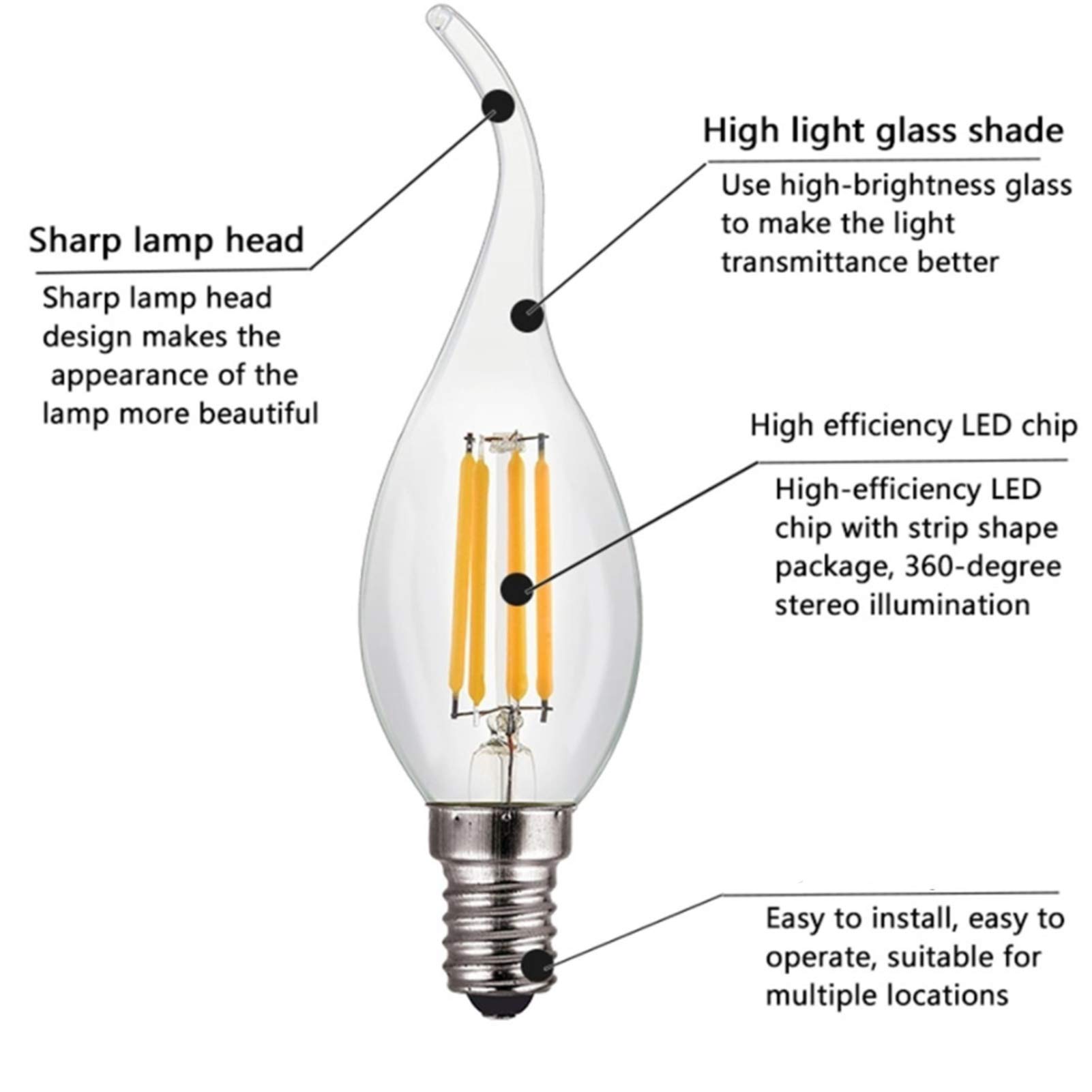 Lampadina A Candela E12 Dimmerabile, 4w (40w), Risparmio Energetico | Dimmerazione Senza Sfarfallio, Design Con Punta A Fiamma Trasparente, Adatta Per Lampade A Sospensione Da Soggiorno