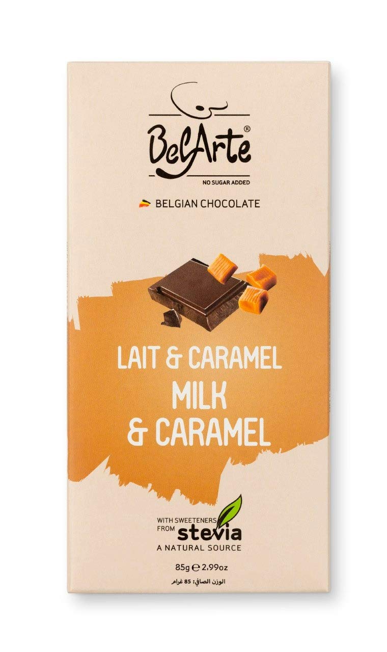 BEL ARTE SUGARFREE/STEVIA MILK AND CARAMEL CHOCOLATE TABLET 85Gr