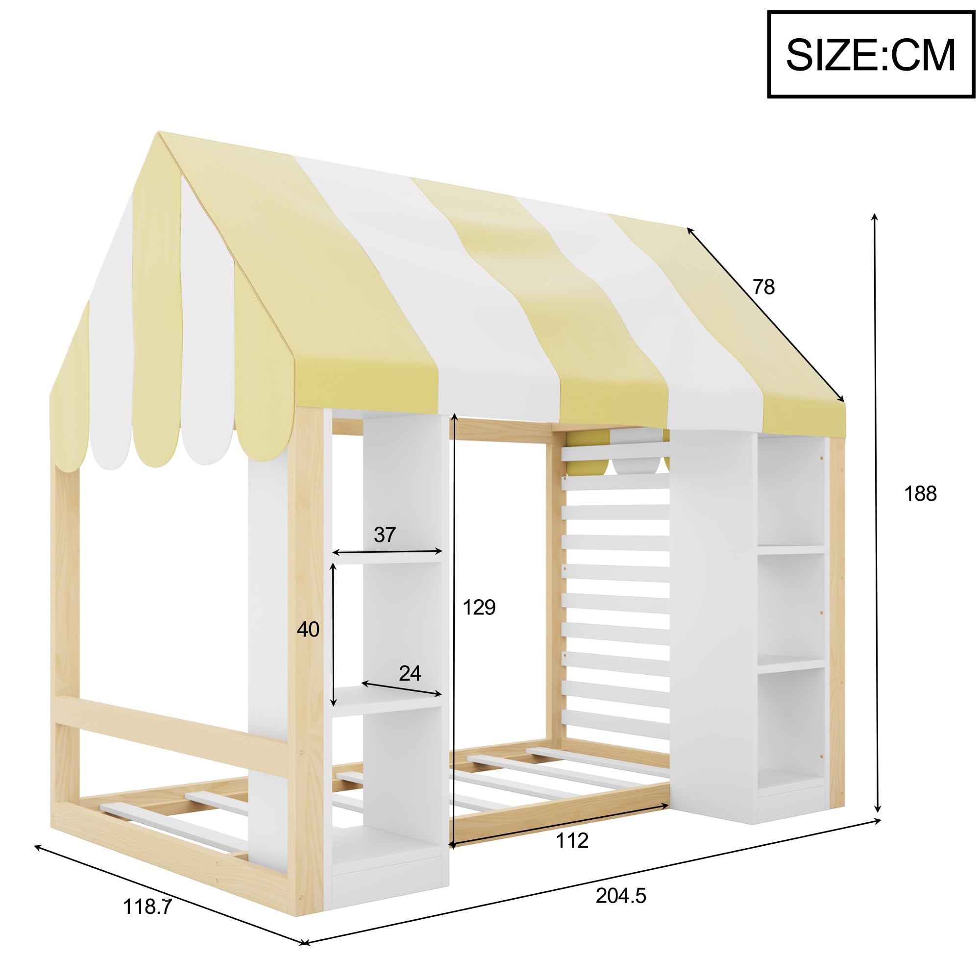 Kinderbett Landhausstil, 90 x 200 cm, mit Himmelbett, offenem Stauraum vorne und Holzrahmen, Holzfarbe+weiß, Weiß+Natur