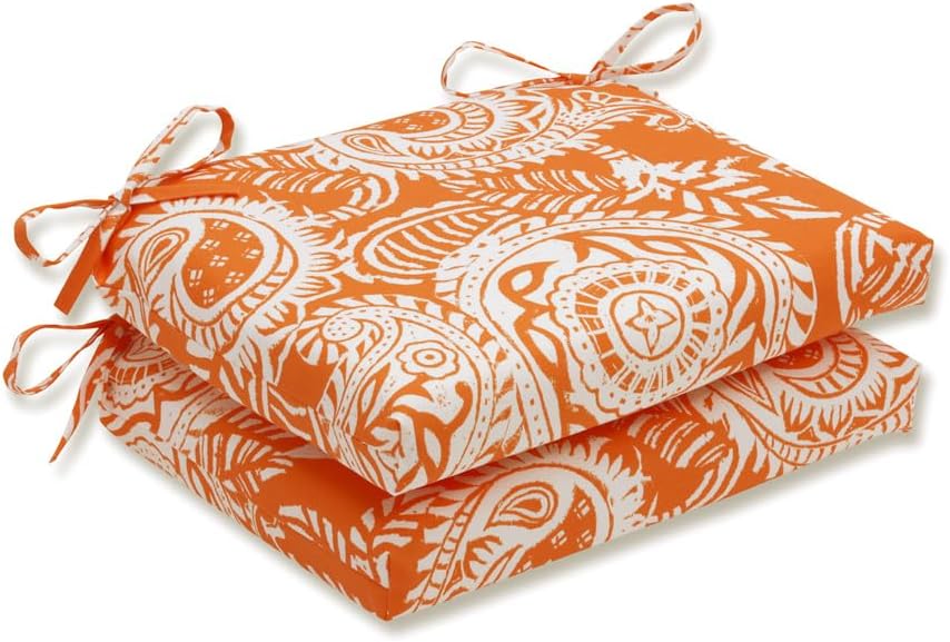 Pillow Perfect Paisley Indoor/Outdoor Square Corner Chair Seat Cushion with Ties, Plush Fiber Fill, Weather, and Fade Resistant, 16" x 18.5", Orange/Ivory Addie, 2 Count