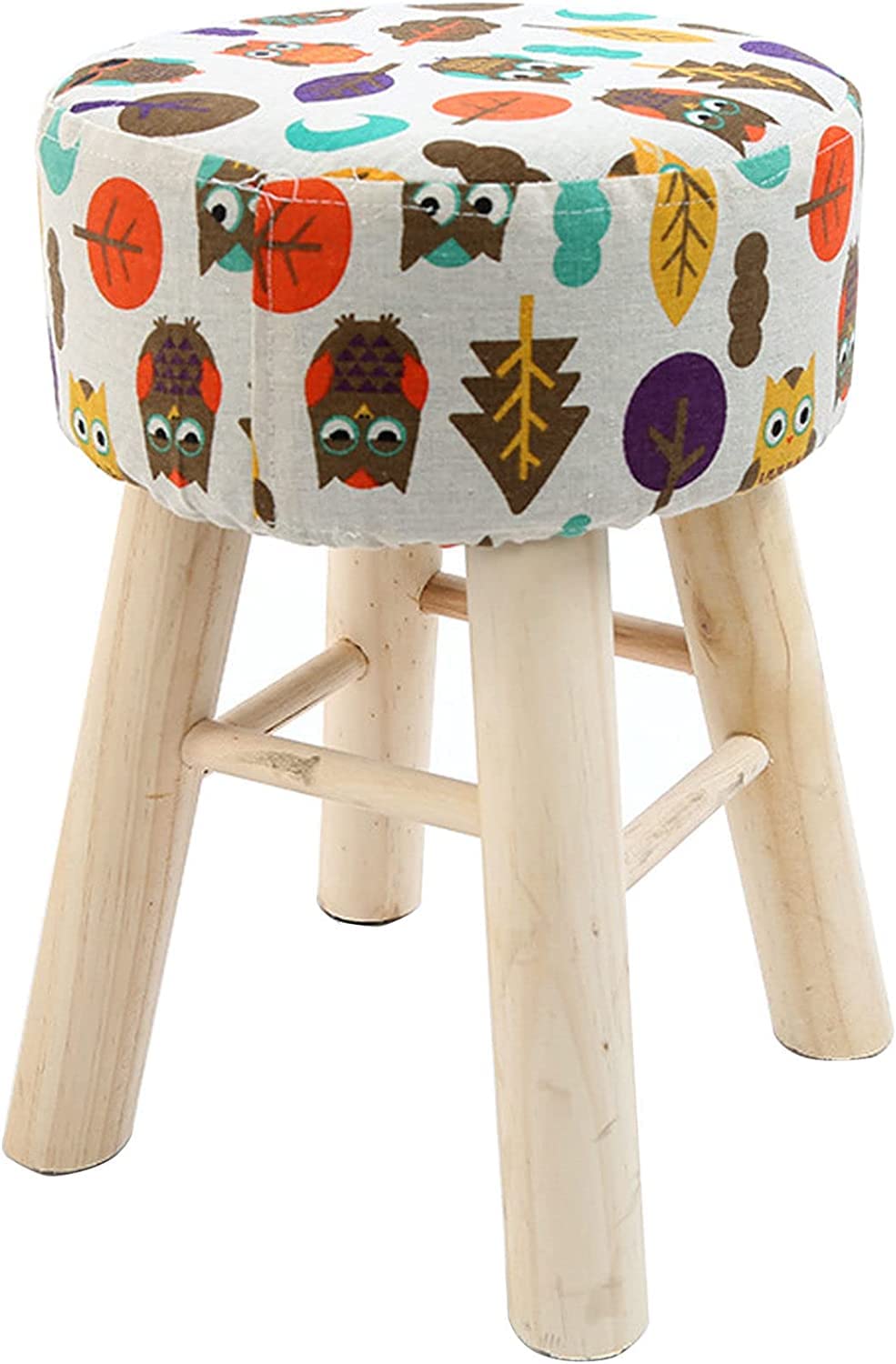 Pouf haut rond hibou avec housse lavable et pieds en bois pour salon