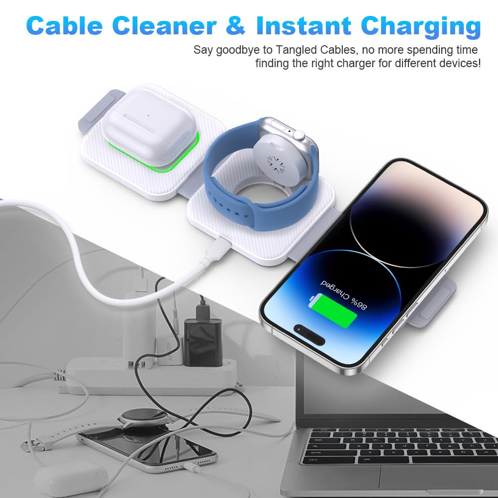 3 in 1 Travel Charging Station (with Storage Case), Dual Magnetic Wireless Charger for iPhone 16/15/14/13/12 Series and Apple Watch, Portable Charger for iPhone Watch and Airpods 4/3/2/Pro