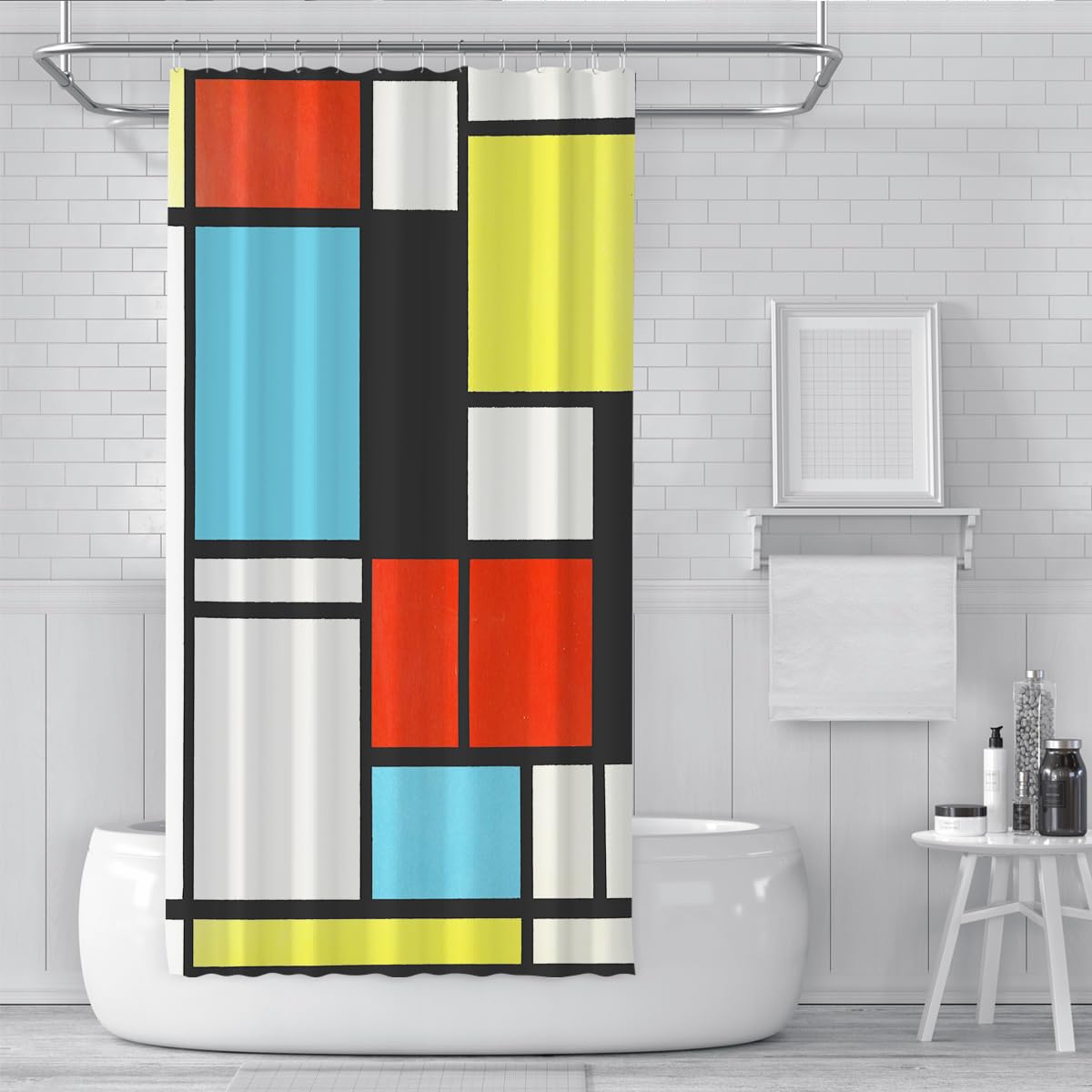 Geometrischer Gitter-Duschvorhang Leuchtend rot Gelb Blau Schwarz Farbblock Stoff Badevorhang mit Haken wasserdichte Moderne Badezimmerästhetik 150 x 200 cm