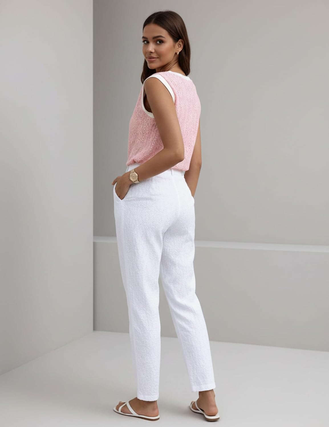 Women Eyelet Tank Tops Floral Casual Round Neck Sleeveless Summer Tops Trendy Basic Cute Plain Tanktops - Image 4