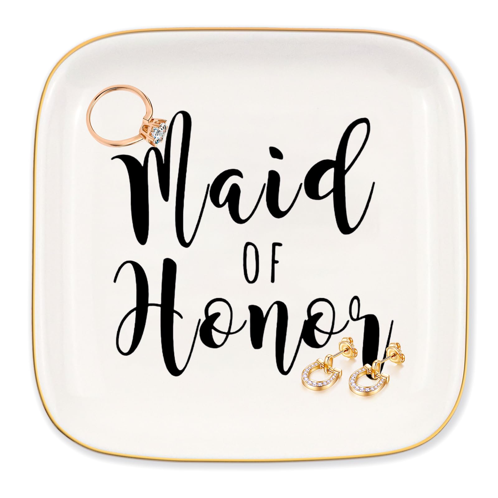 Maid of Honor Gifts Jewelry Ring Dish - Maid of Honor Today, Sister for Life, Bridal Wedding Day Party Gifts for Bridesmaid, Maid of Honor Proposal Gifts from Bride, White Ceramic Jewelry Tray