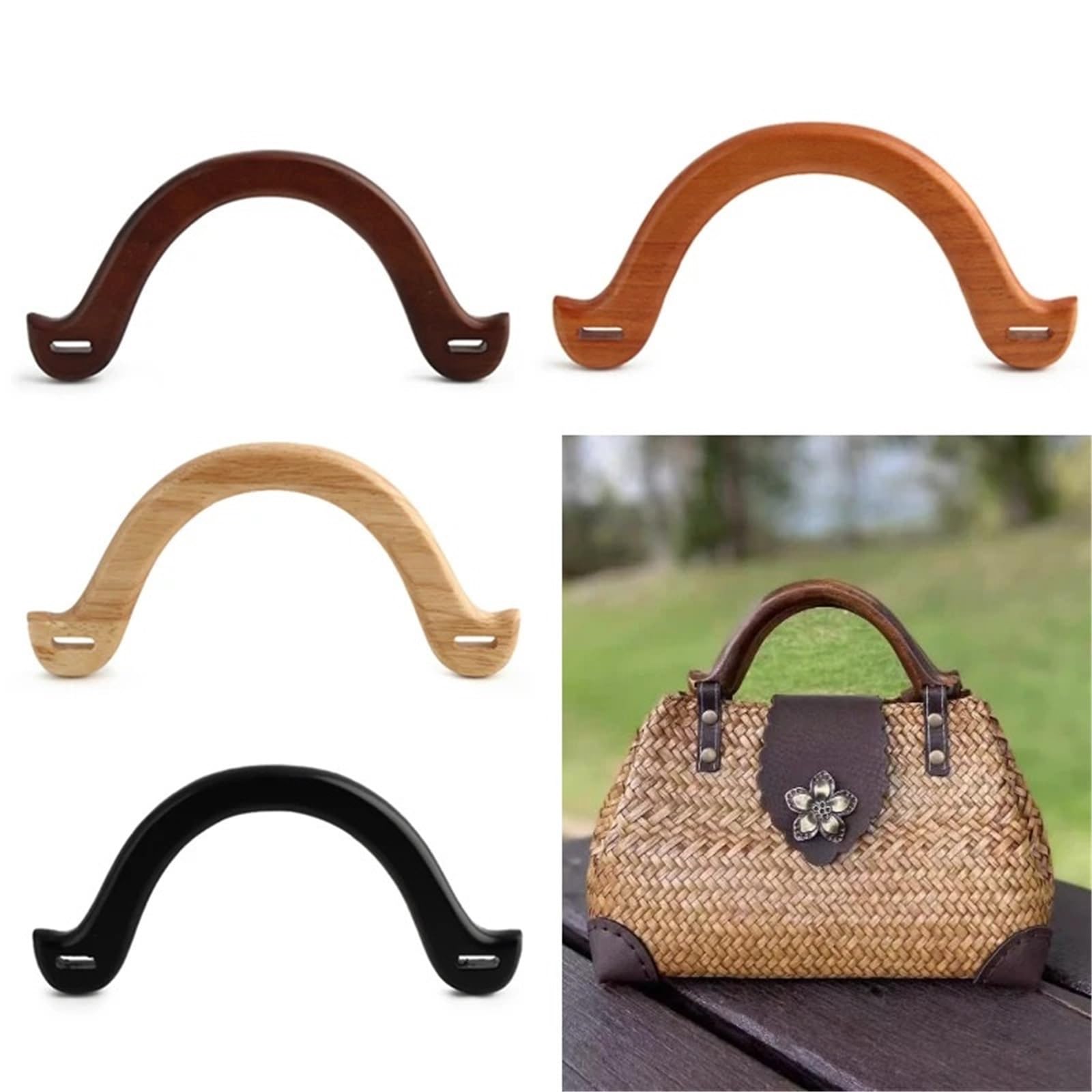 4 piezas de carteras ratán con asas arqueadas, bolsos paja, playa, madera en forma U, cruzados ganchillo Para Bolsas(Khaki 2)
