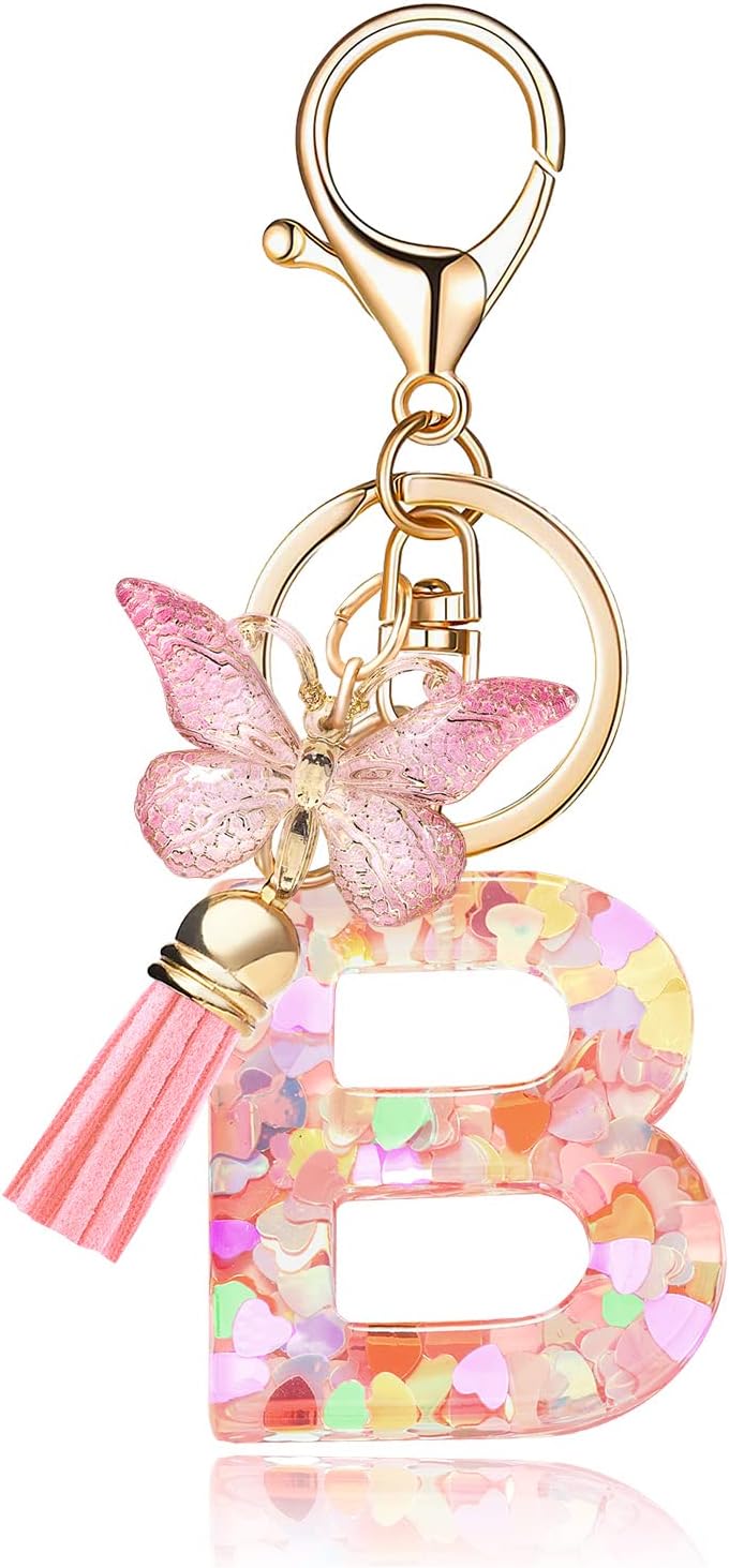 Fashion Alphabet Initial Letter Keychain Tassel Butterfly Pendant Key Ring for Purse Handbags Women Girl