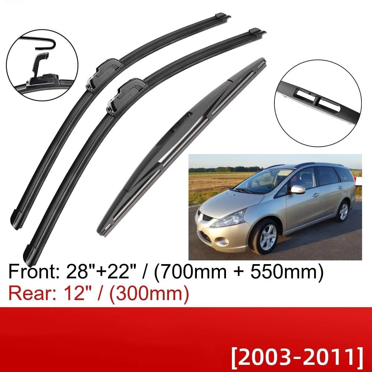 Spazzole Tergicristallo per Mitsubishi per Grandis 2003 2004 2005 2006 2007 2008 2009 2010 2011 28 "+ 22" + 12 "Spazzole Tergicristallo Anteriori Posteriori Spazzole Tergicristallo Auto