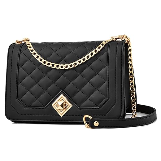 Travistar Crossbody Bags for Women Trendy Small Handbags PU Leather Shoulder Bag Ladies Quilted Purse Evening Fashion Clutch Satchels Sling with Gold Chain Strap, Black