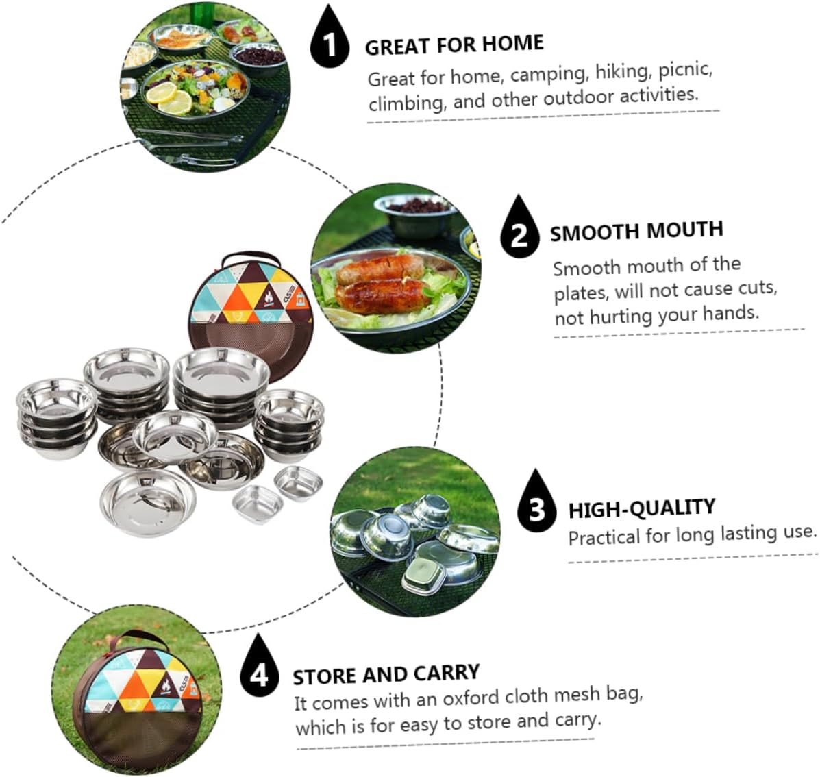 BESPORTBLE 1 Set Portable Stainless Steel Camping Dishes Complete Outdoor Dining Tools with Bowl Plate and Utensils for Travel Hiking and Picnics Includes Storage Bag for Easy Carrying