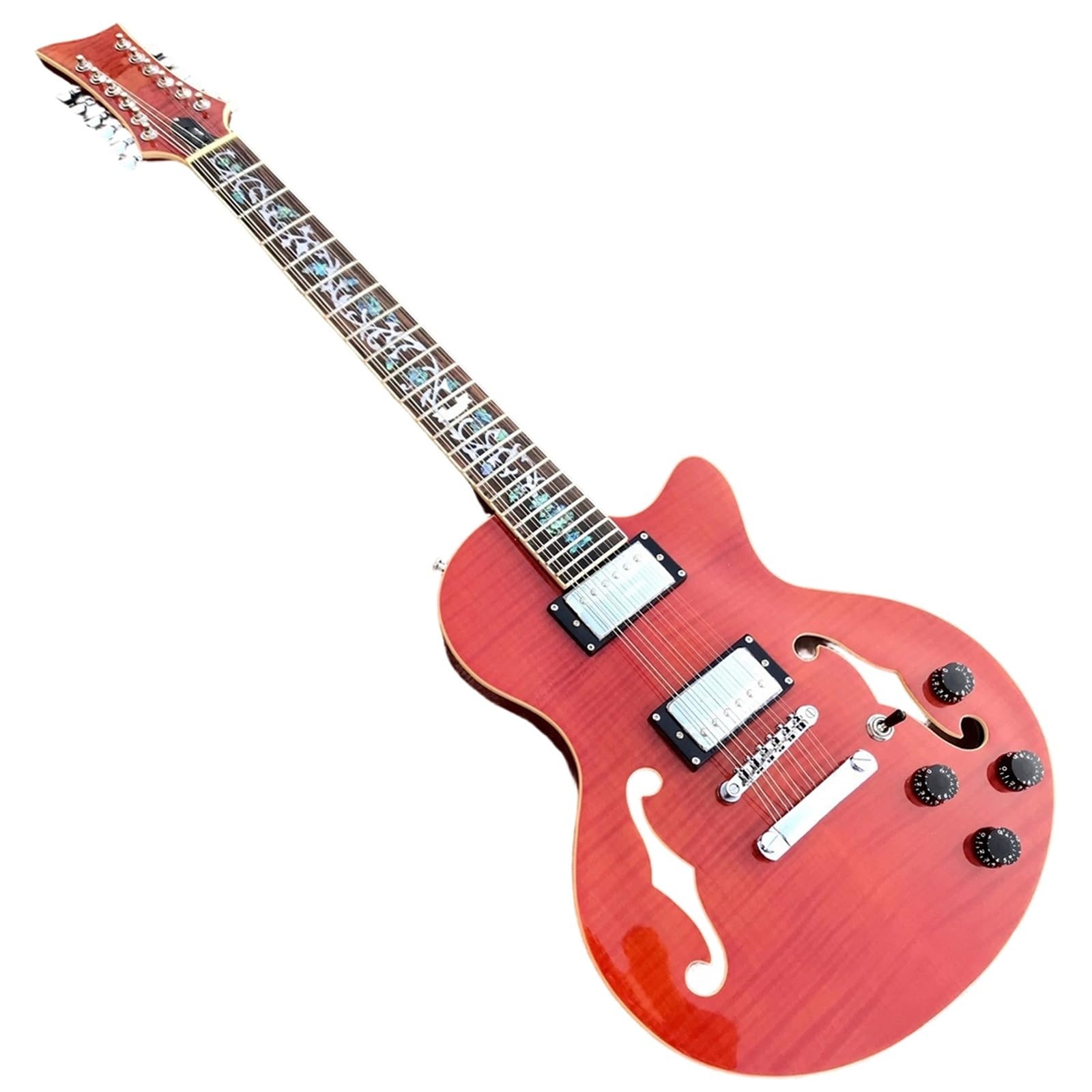 Standard Gitara Elektryczna Profesjonalny 12 Strunowy Pomarańczowy Płomień Klon Semi Hollow Jazz Gitara Elektryczna Humbucker Pickup