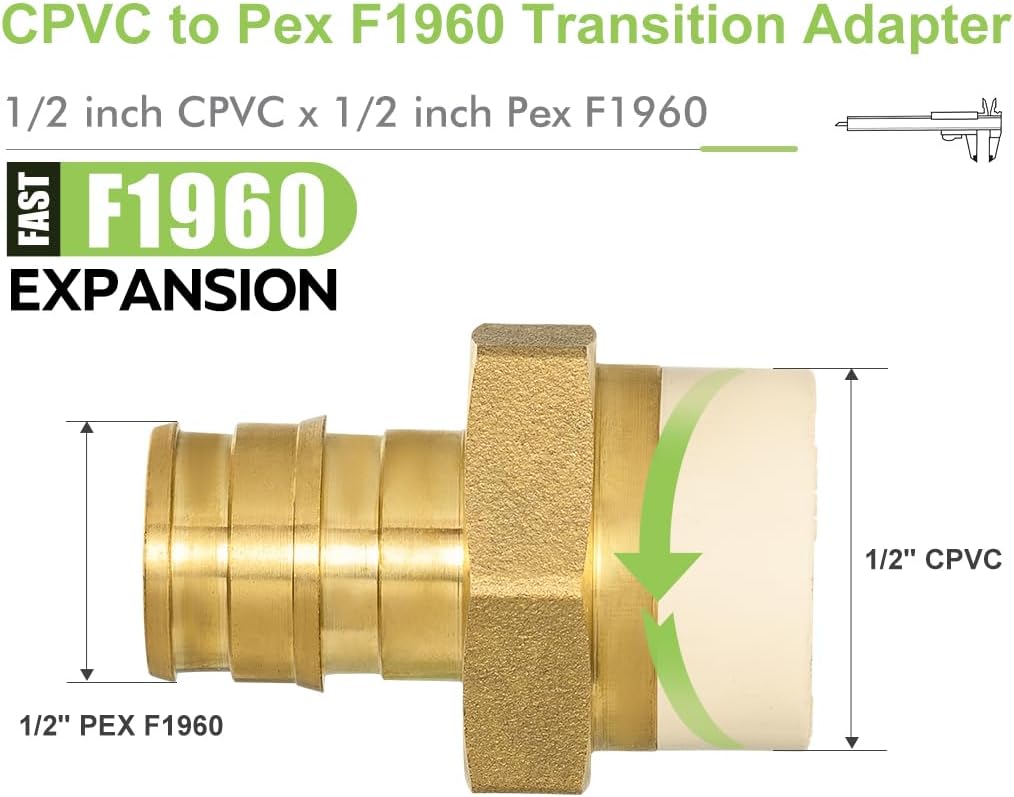 12 Pack 1/2" Pex-A x 1/2" CPVC Transition Adapter Heavy Duty Brass Barb PEX Fittings for for PEX-A and cPVC Pipe Connection,Lead-Free Brass NSF/ANSI 61 NSF 372 Certificate, ASTM F1960