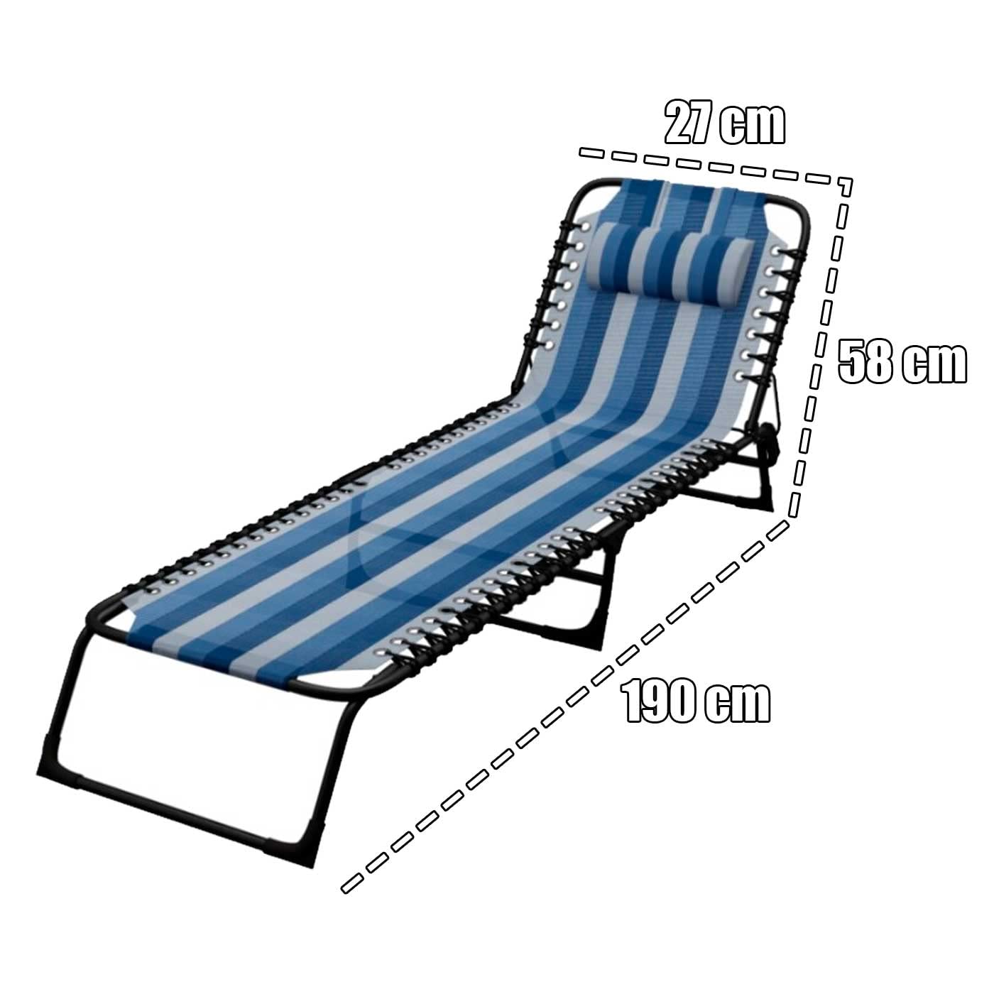AC Tumbona Plegable de Acero, reclinable, reposacabezas Acolchado, Tejido Resistente. Color Azul Rayado. 190 x 58 x 27 cm
