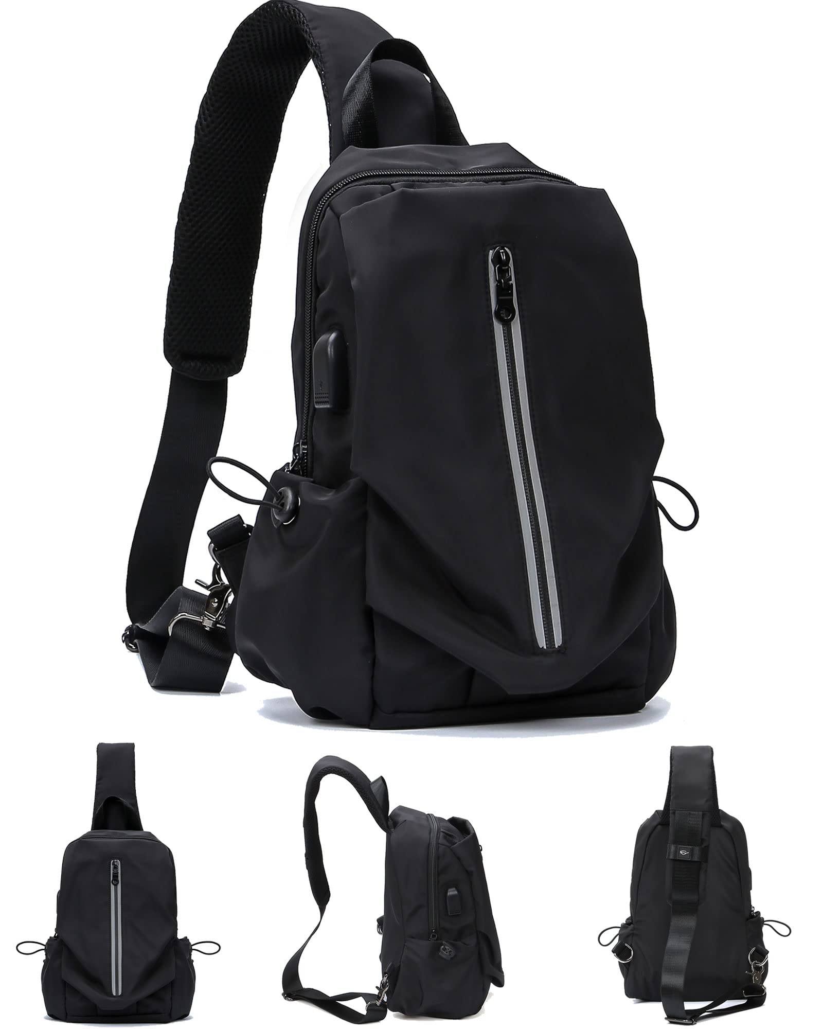 SEAFEWSmall Black Tactical Sling Crossbody Backpack Shoulder Bag for Men Women, Lightweight One Strap Backpack Sling Bag Backpack for Hiking Walking Biking Travel Cycling USB Charger Port-Nylon