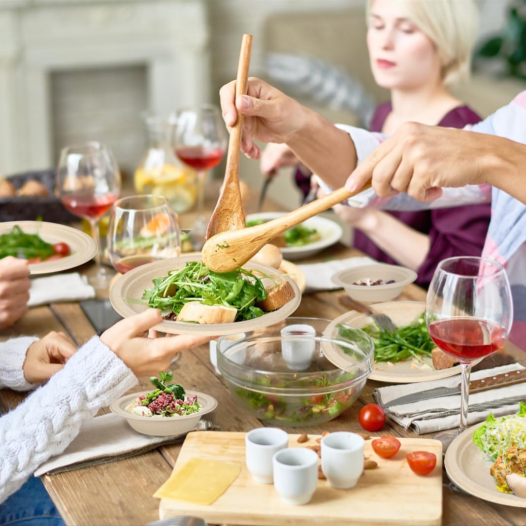 75 Pcs Disposable Paper Plates and Bowls Bulk, 25 Pack Compostable Paper Plates and Bowls Dinnerware Set, Include 7 Inch & 9 Inch Plate, 12 Oz Biodegradable Bowl for Birthday Party Dinner Camping - Image 7