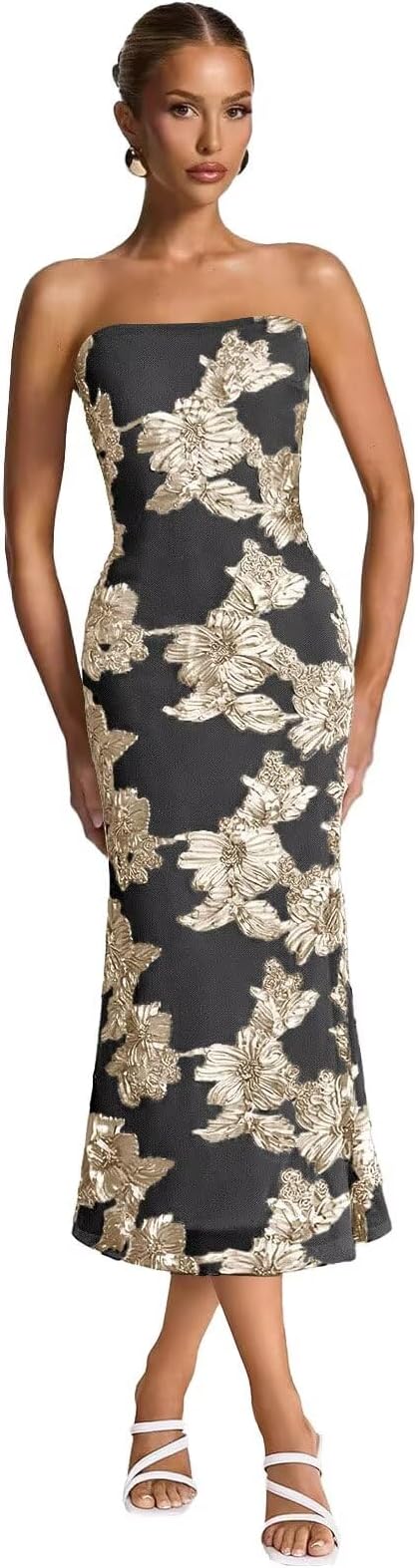 Women's Strapless Bridesmaid Dresses Bodycon Floral Embroidery Midi Formal Evening Gowns