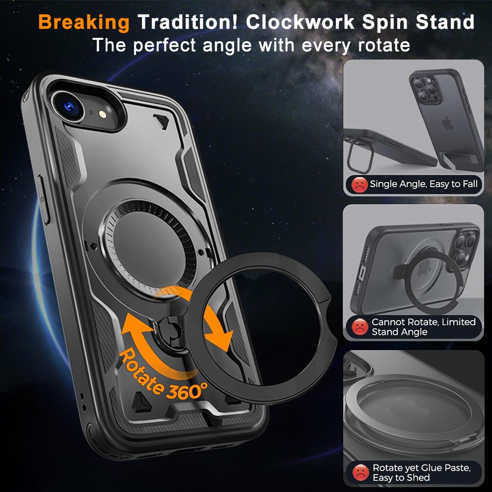 Cover Per IPhone 16E Con Supporto Rotante 360° E Anello Magnetico - Custodia Protettiva Antiurto Livello Militare, Bordo TPU Morbido, Retro Opaco, Nero - 4