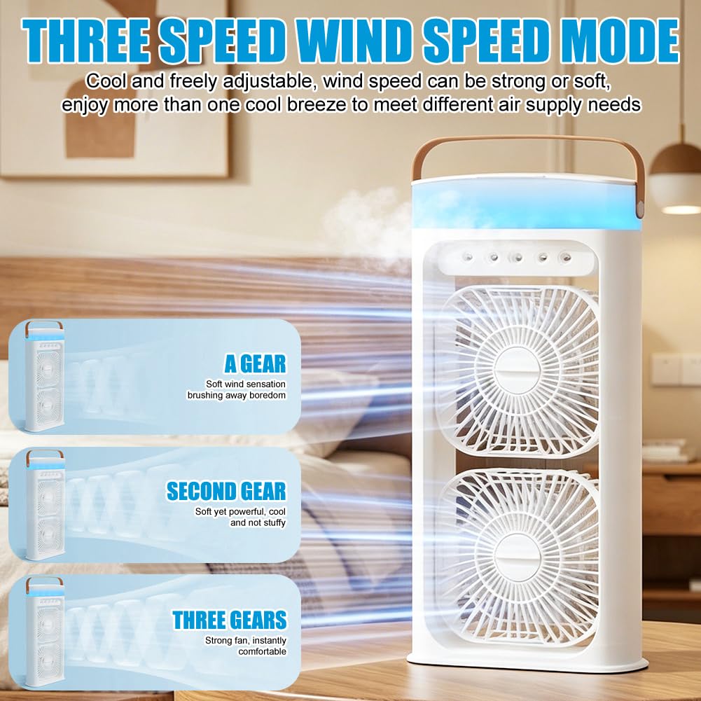 4 in 1 Tragbare Klimaanlage Fan Mit Nebelspray,Doppelventilator 3-Stufig Einstellbar Klimaanlage Mobil Mit 1-4Timer-Funktion,Farbwechselndes Nachtlicht,T-C-Aufladung Luftkühler für Zuhause,Büro