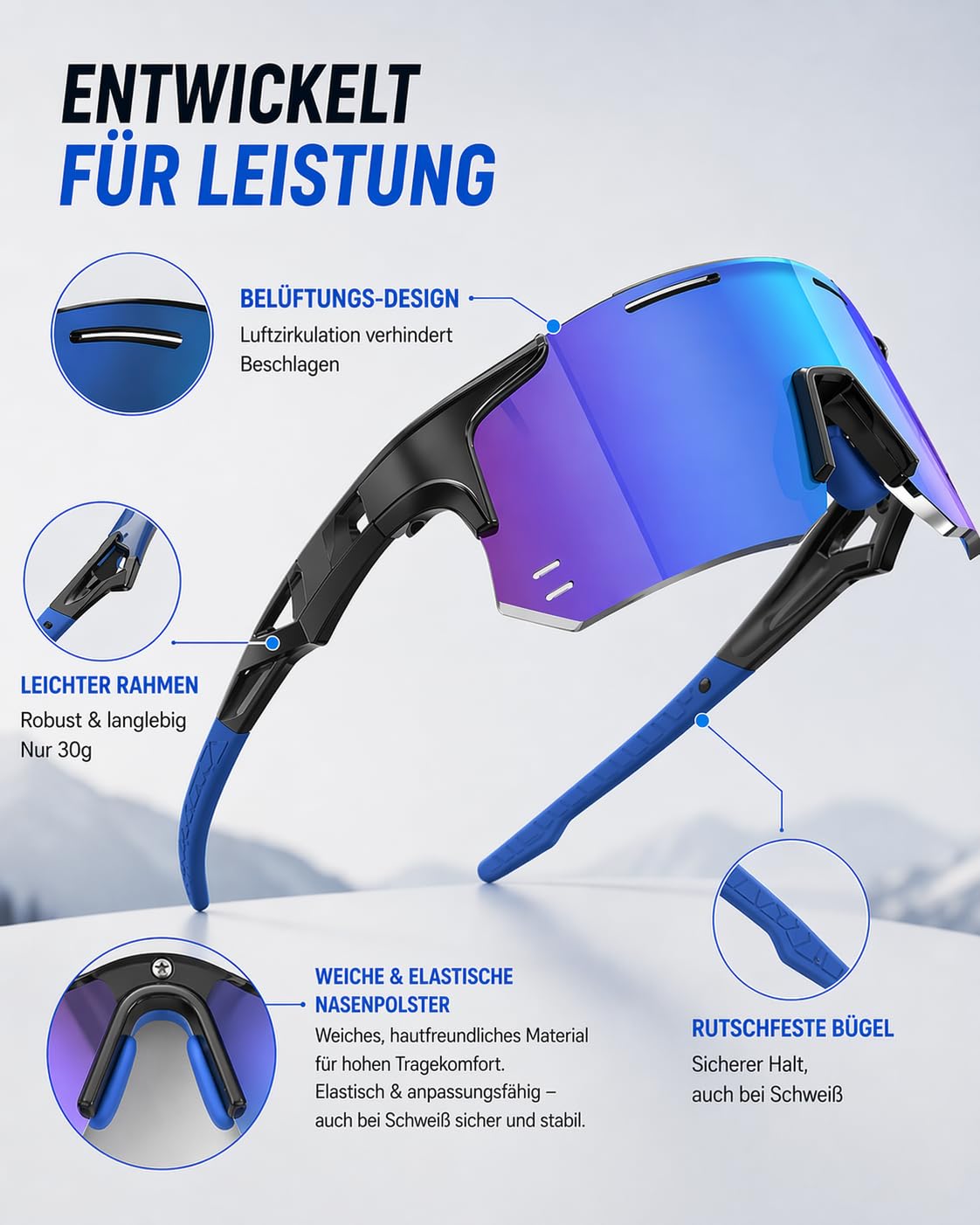 Schnelle Brille Herren Winddicht Sport Sonnenbrille Damen-UV400 Schutz Fahrradbrille Ultraleicht Randlos Sportbrille mit 3 Austauschbare Linse für Radfahren MTB Angeln Fahrrad Laufen