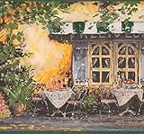 Vintage Cafe Outside Tables Potted Flowers Plants Wide Rustic Wallpaper Border Retro Design, Roll 15' x 10.25''