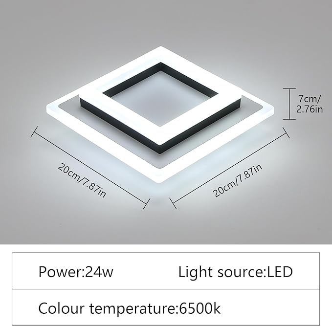SENQIU Moderne LED Plafondlamp, 24W Zwarte Vierkante Acryl Plafondlamp, Witte LED Plafondlamp voor Badkamer, Gang, Keuken, Woonkamer, Slaapkamer, 6500K Koel Wit Licht photo 3
