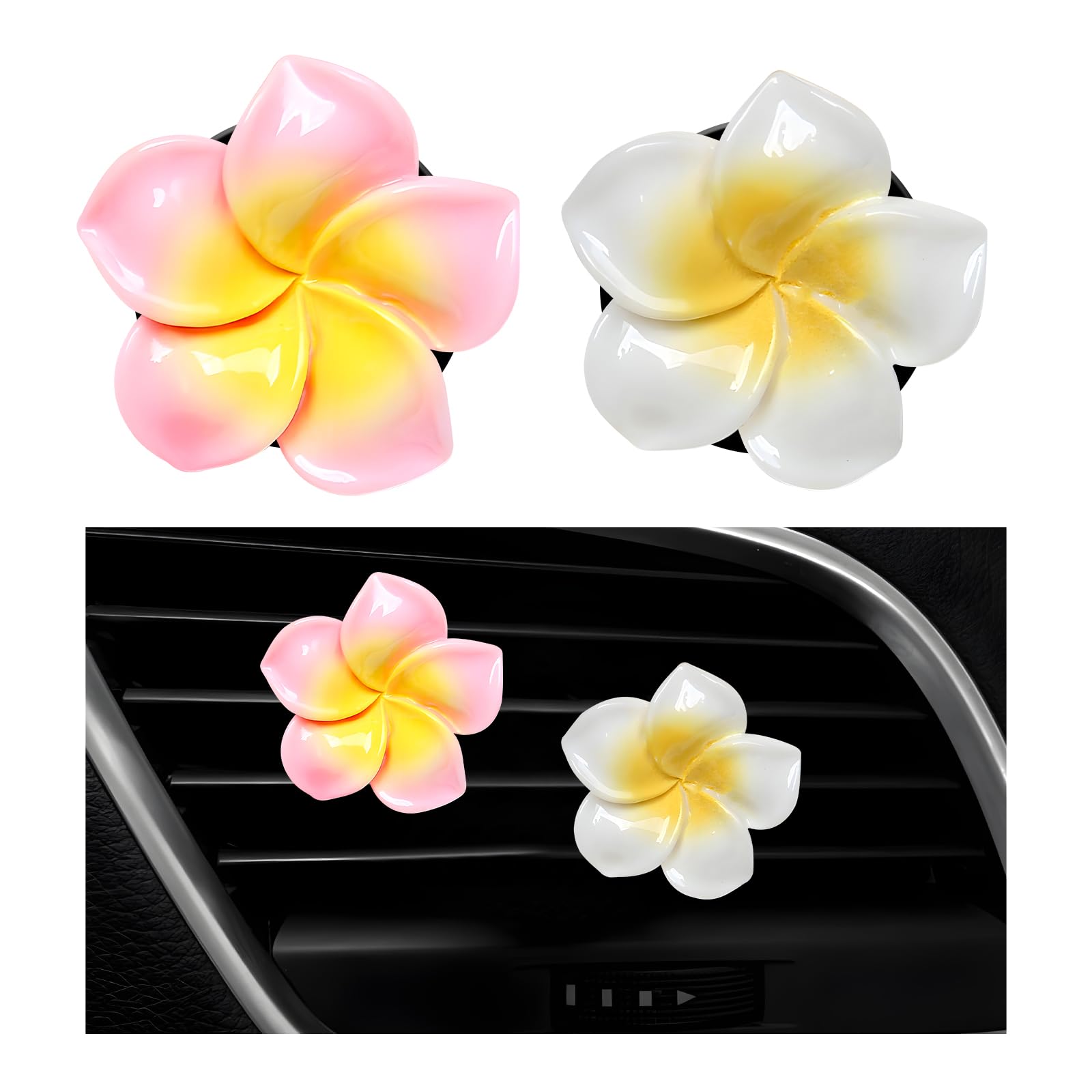 Wevdn 2 x Blumen-Auto-Lüftungs-Clips, bunte tropische Blumen, Lufterfrischer-Clips mit aromatischem Pad, Klimaanlagen-Auslass-Clip, Plumeria-Blumen-Dekoration (weiß + rosa)
