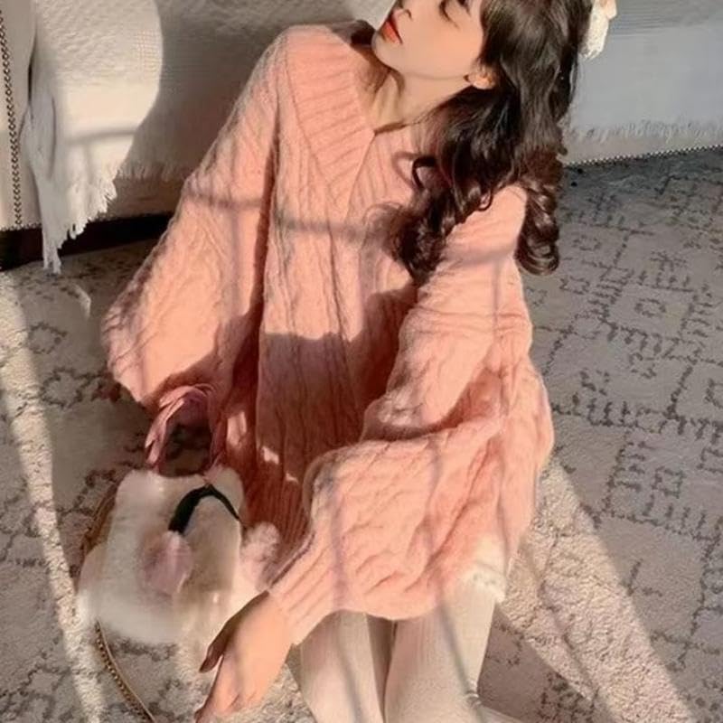 Image of Women's Y2K Oversized Chunky Cable Knit Sweater Casual Long Sleeves V Neck Pullover Tops