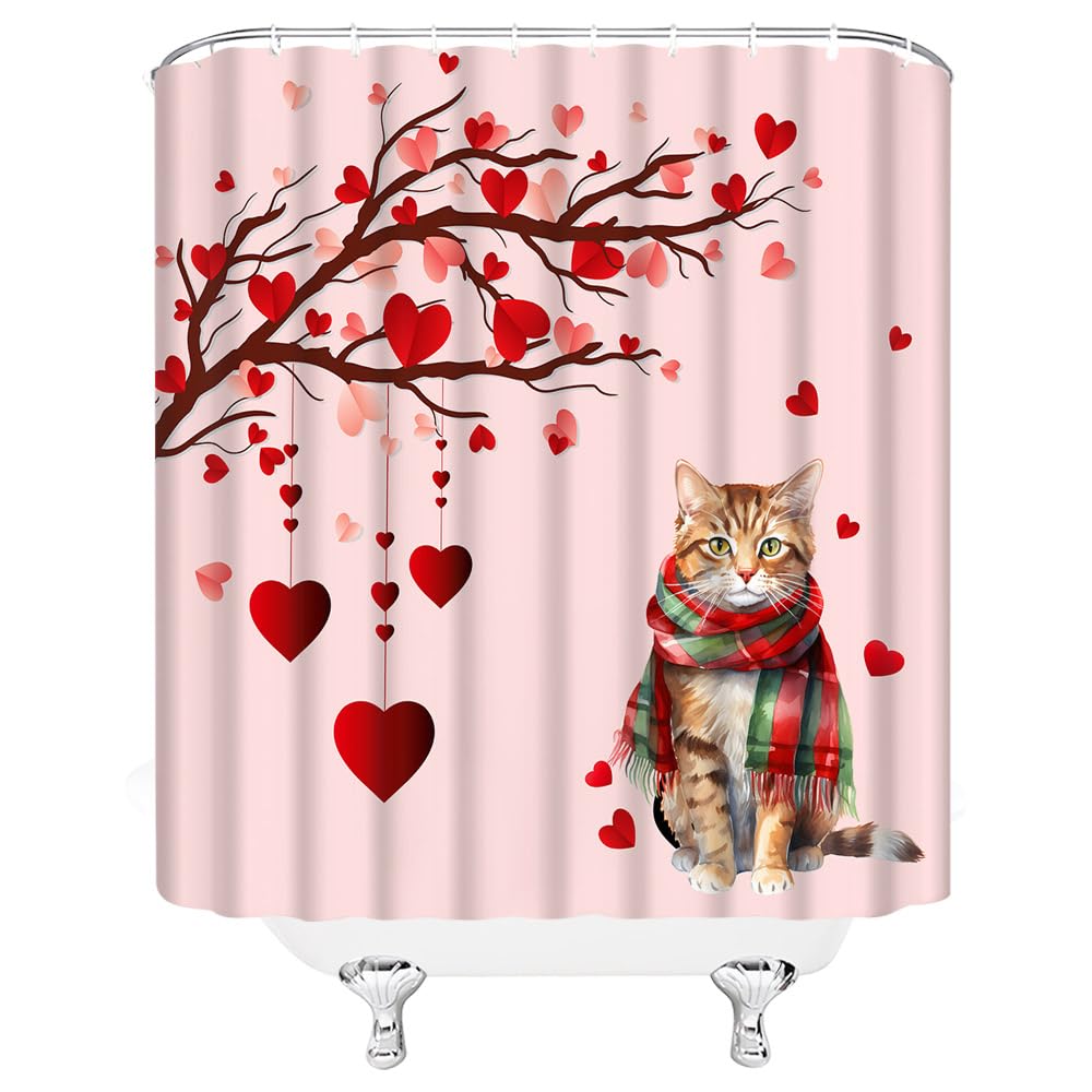 Weihnachts-Duschvorhang – Winter, Kiefer, Lustige Katze & Vogel-Motiv, Polyester, 170 X 180 Cm, Mit 10 Haken