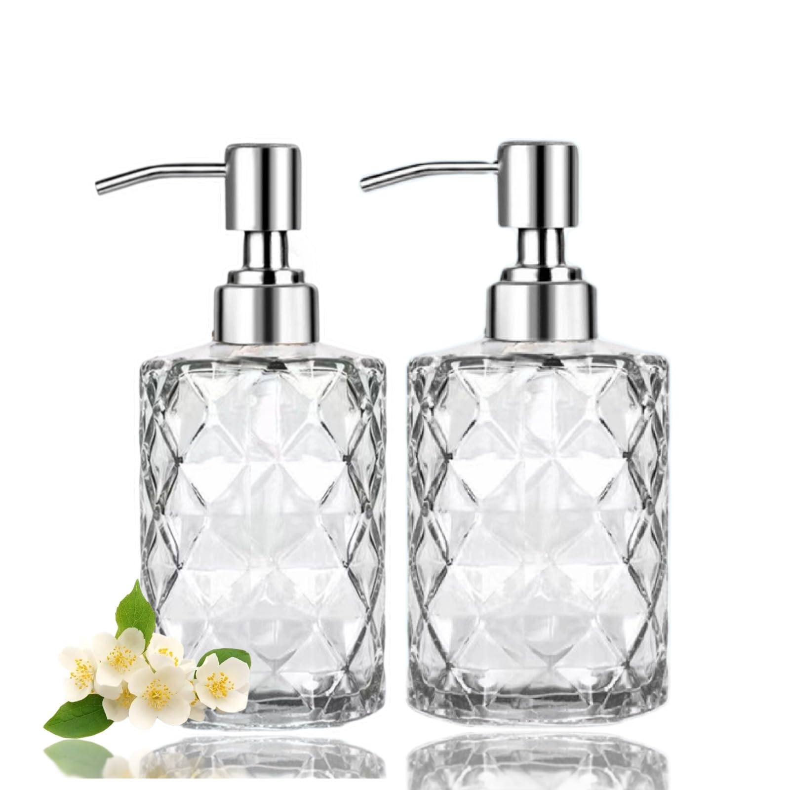 Soap Dispenser - 2 Pack, 330ml Clear Diamond Design Glass Refillable Hand Soap Dispensers; with 304 Rust Proof Stainless Steel Pump, Lotion Dispensers for Kitchen, Bathroom