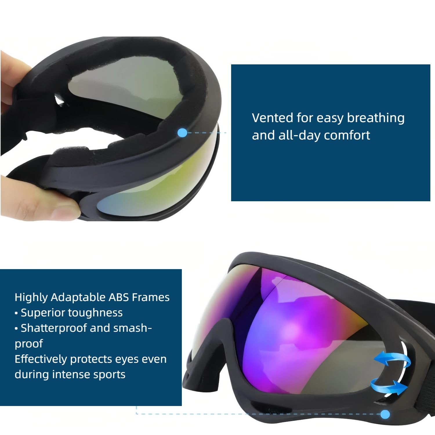 Lot de 2 paires de lunettes de ski et snowboard - Anti-poussière - Pour motocross - Protection UV - Anti-buée - Compatibles avec casque - Pour ski, moto, vélo, etc