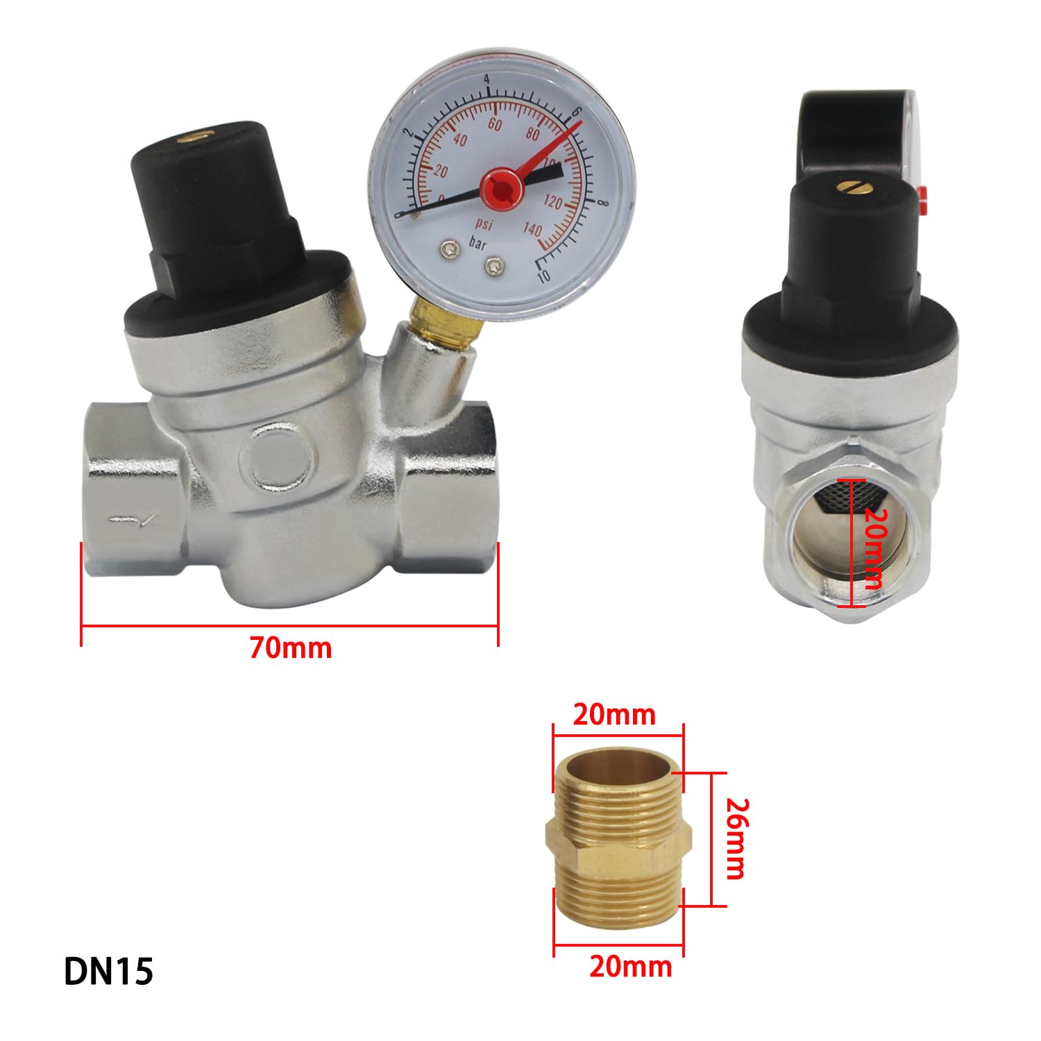 DN15 DN20 válvula presión reductora cromado regulador presion agua con manómetro indicador presion agua 1/2 3/4 pulgada (DN15 Con conector)