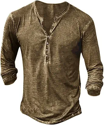 Mens Distressed Henley Shirts Retro Long Sleeve Tee Shirts Casual Button Down Washed T-Shirts for Men