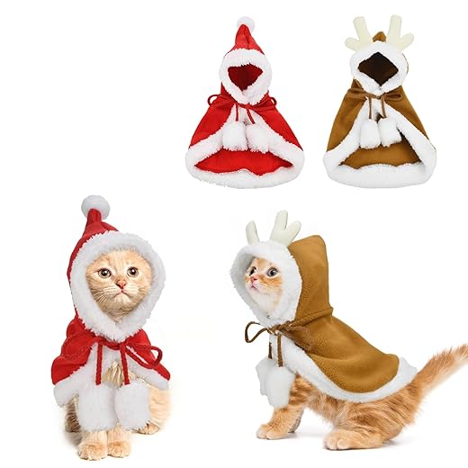 Cat Puppy Red Cloak with Santa Hat Dog Christmas Deer Costume Outfit with Elk Antlers Hat Cute Elk Santa Apparel Pet Cape for Cats Puppy 2pcs S