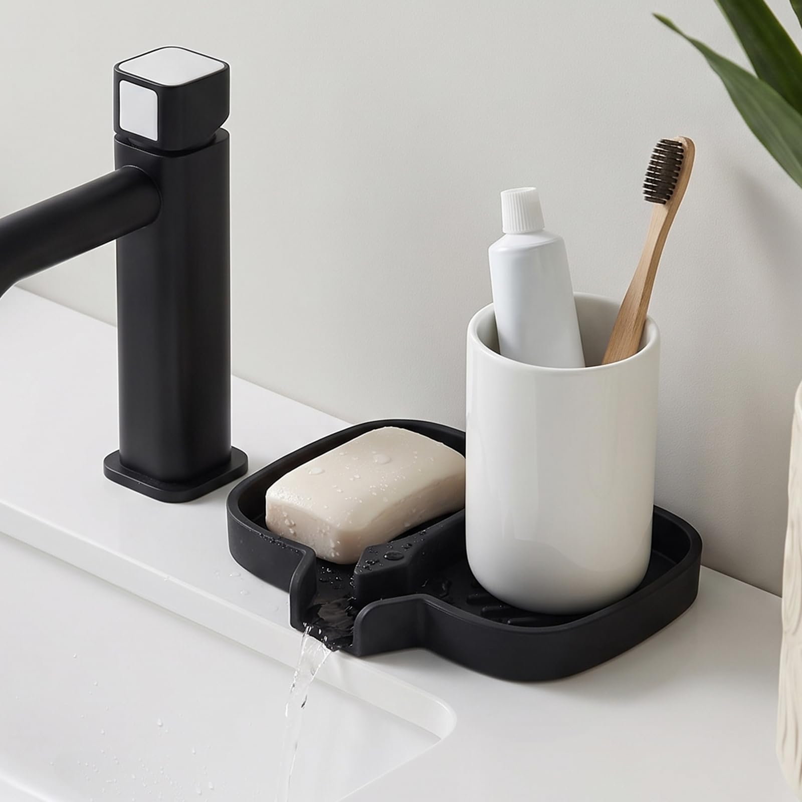 Gurwen Soap Dish Double-Pocket Silicone with Built-In Drainage Holes, Black