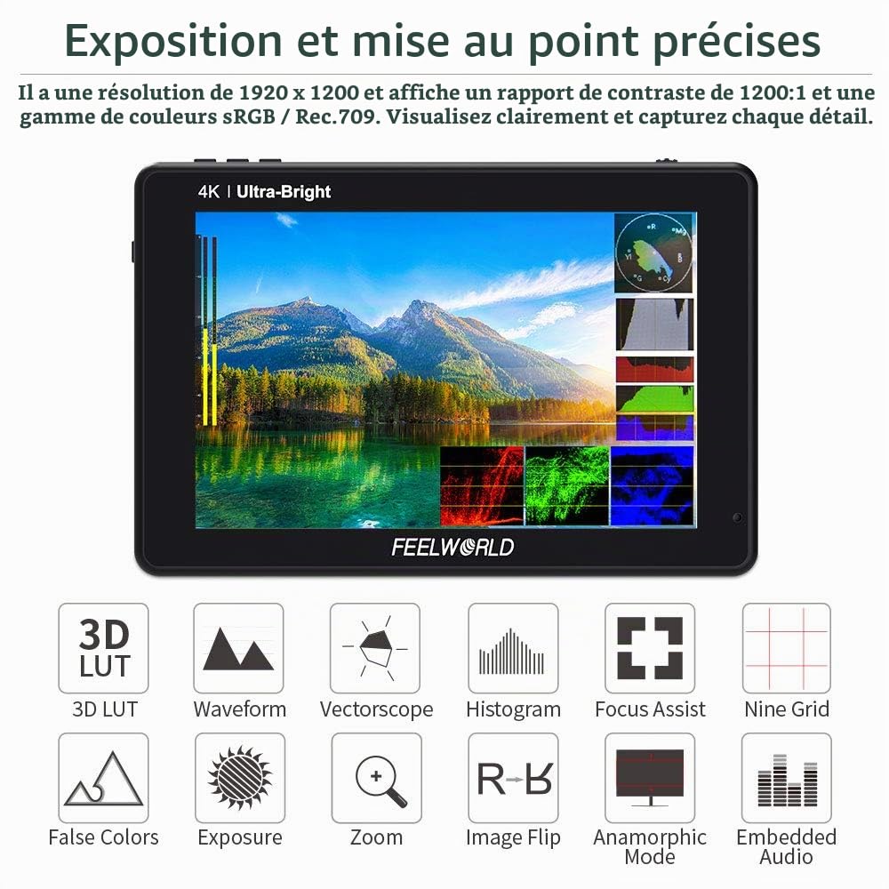 FEELWORLD LUT7S Pro 7 Pouces Ultra Bright 2200nits DSLR Camera Field Monitor 3D LUT Ecran Tactile HDR avec Waveform F970 Alimentation Externe et kit d'installation 4K HDMI 3G-SDI 1920X1200 IPS Panel