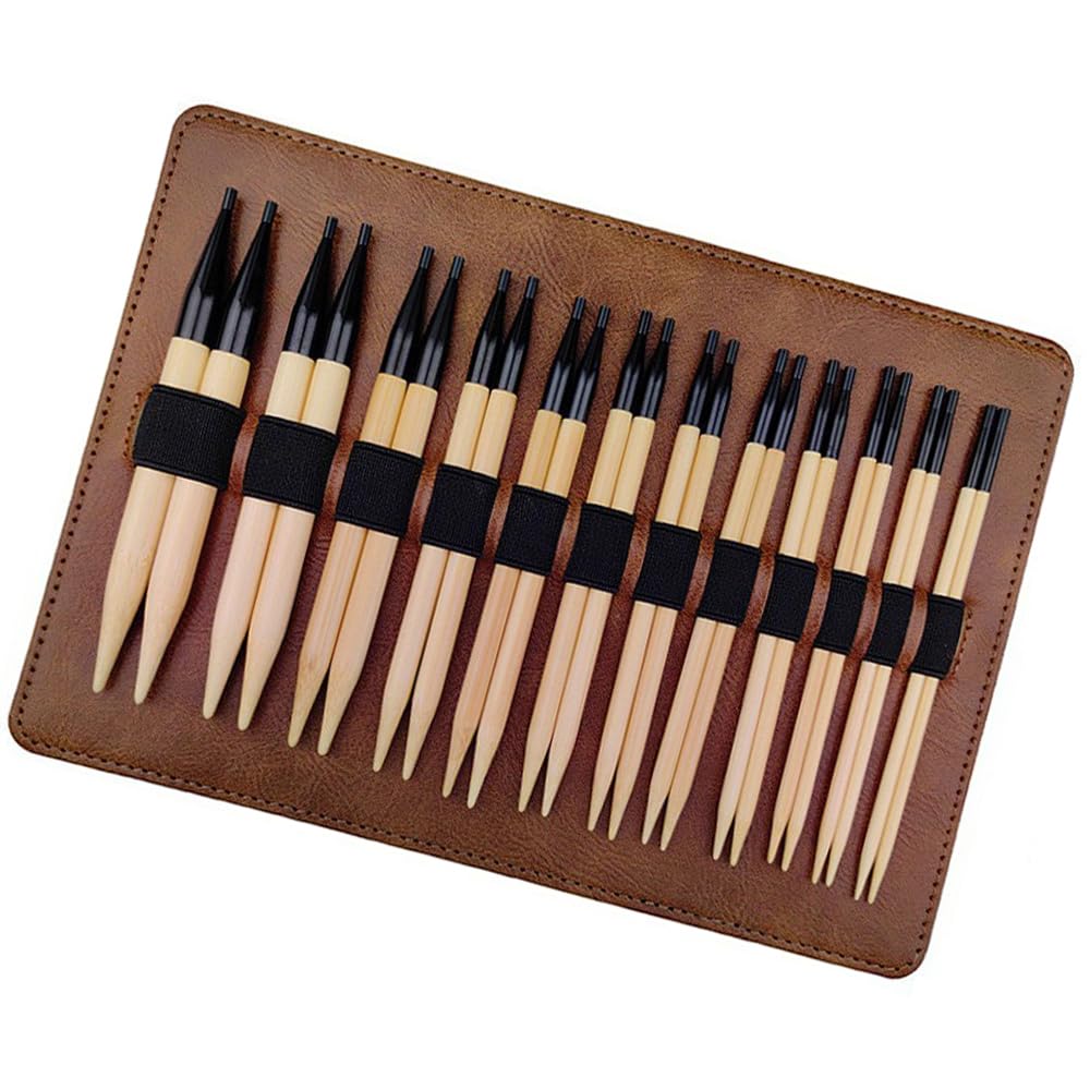 LUCKGONI 12Pairs Interchangeable Natural Wood Circular Knitting Needle 3.5-10mm with Storage Bag for Weaving Yarn Craft Project