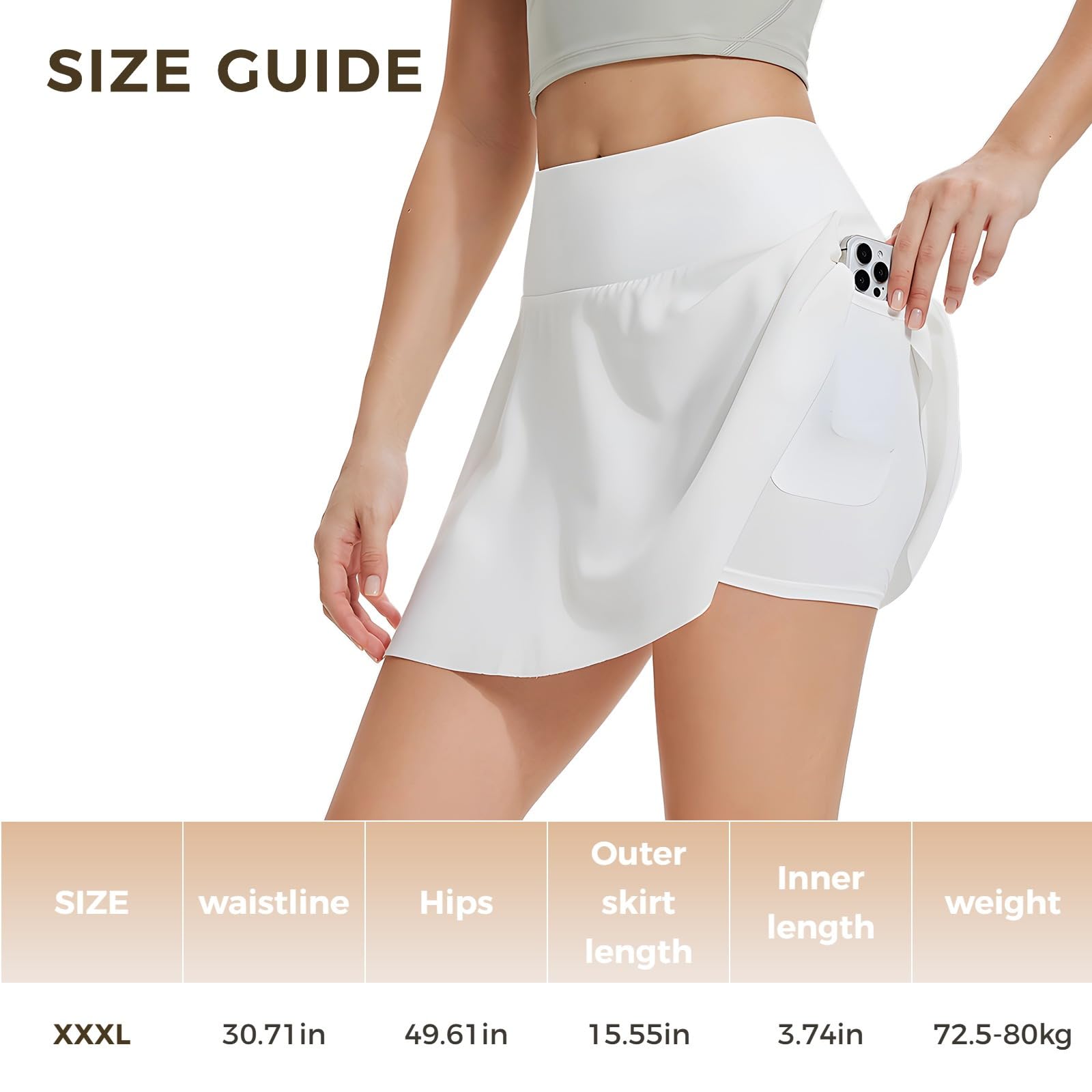 Jupes de tennis pour femmes, en polyester élasthanne, jupe-short noir avec poches et short intégré, XXXL pour 65,8 à 72,6 kg, blanc, Taille unique