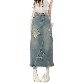 OWSHIFKSGEG Long Jean Skirts for Women Frayed Raw Hem High