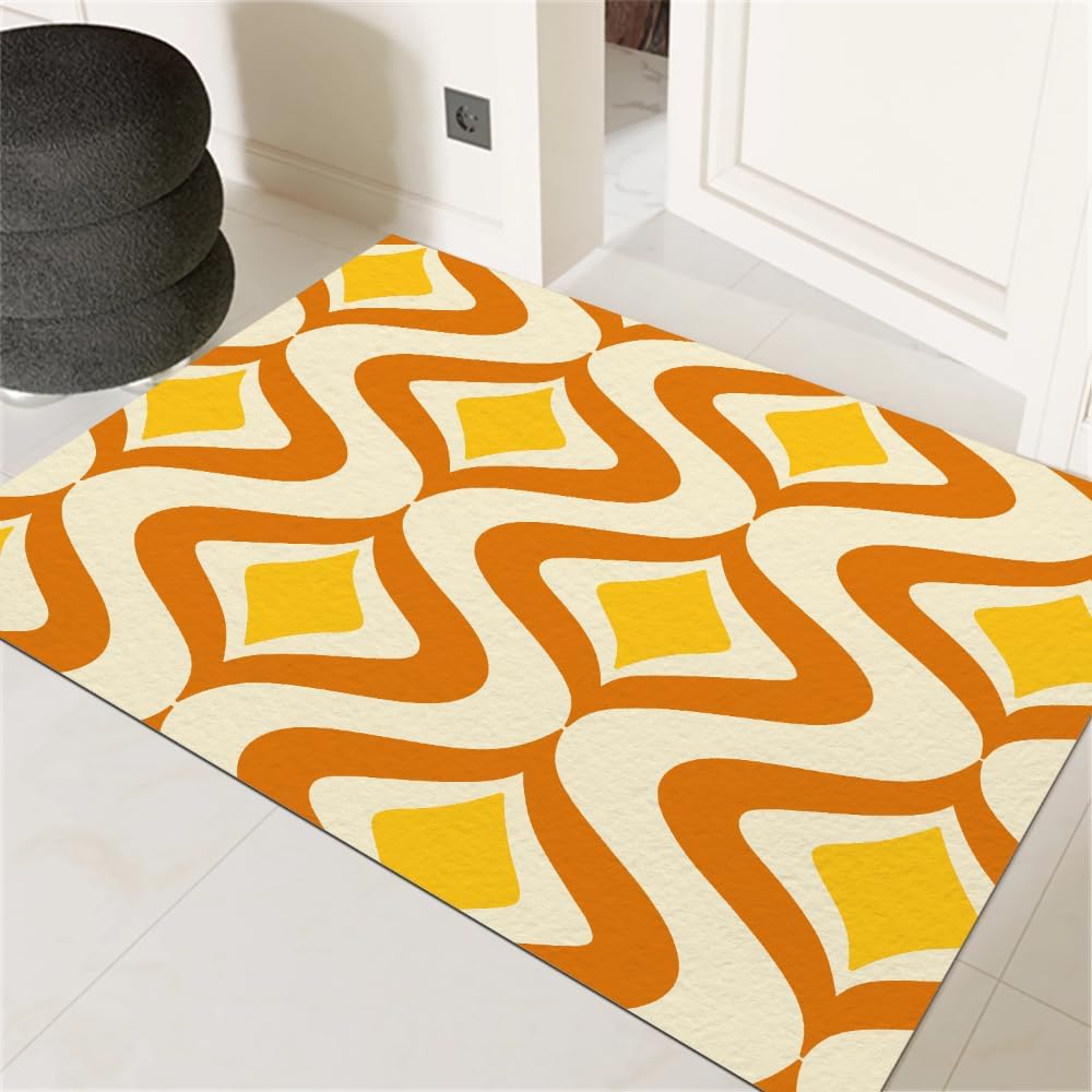 Orange Diamond Star Area Rug Wavy Lines Bedroom Rug Low Pile Washable Kitchen Rugs fot Living Room Patio Indoor Outdoor Soft Low Pile Carpet 2'x3'