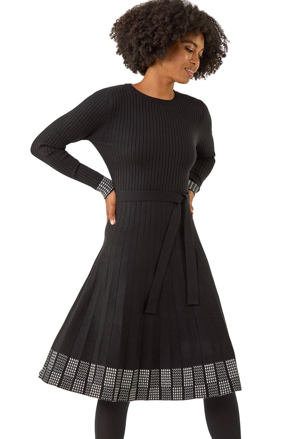 Roman Originals Ribbed Stretch Knit Border Print Dress for Women UK - Ladies Everyday Autumn Winter Round Neckline Comfy Soft Evening Vacation Work Party Night Out - Black - Size 20