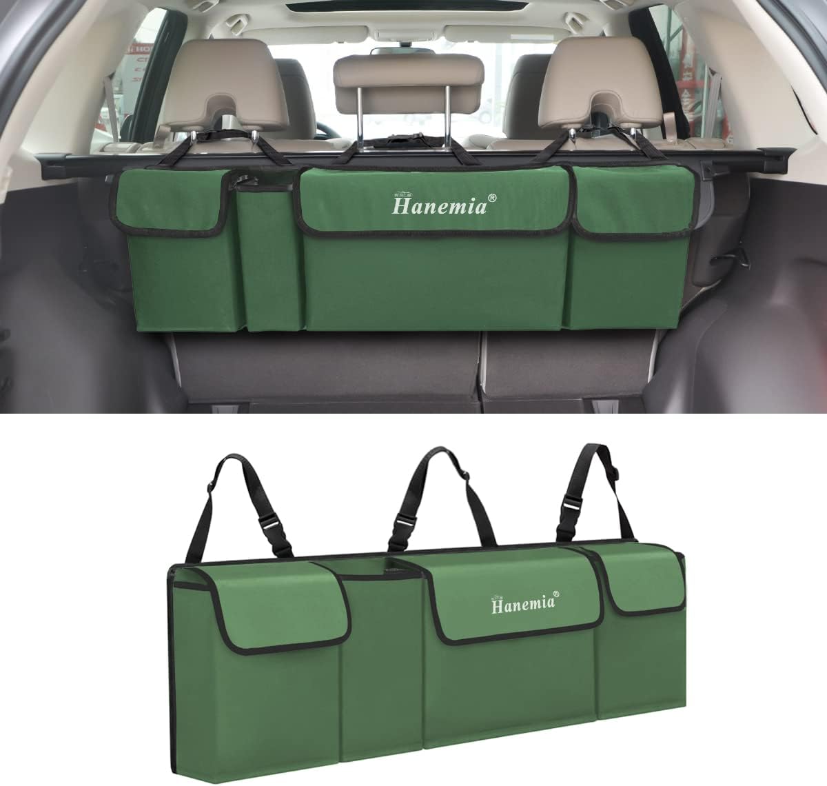 Car Trunk Organizer and Storage, Backseat Hanging Organizer for SUV, Truck, MPV, Waterproof, Collapsible Cargo Storage Bag with 4 Pockets, Car Accessories for Men and Women (Army Green)