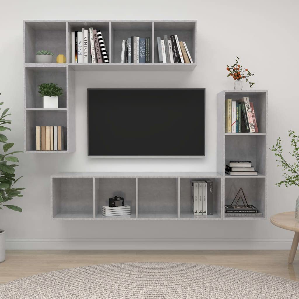 4-TLG. TV-Schrank-Set, Betongrau Holzwerkstoff, Modernes Media-Center für Wohnzimmer, Wandmontage, Viel Stauraum, 37x37x142,5 cm