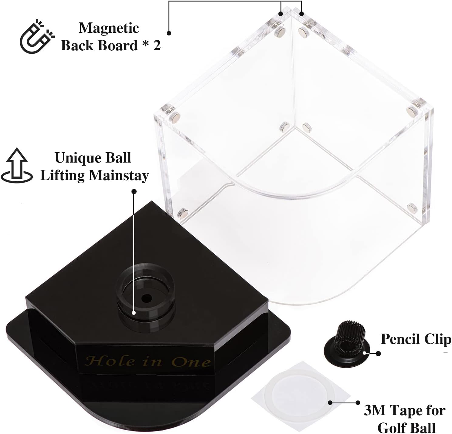Golf Ball Display Case for Hole-in-One Golfer. Black Ball Throne with Golden Stamp. 2X Background Frames on Each Side of Cambered Cover. Pencil Holder, Glue Dots are All Included, No Assembly
