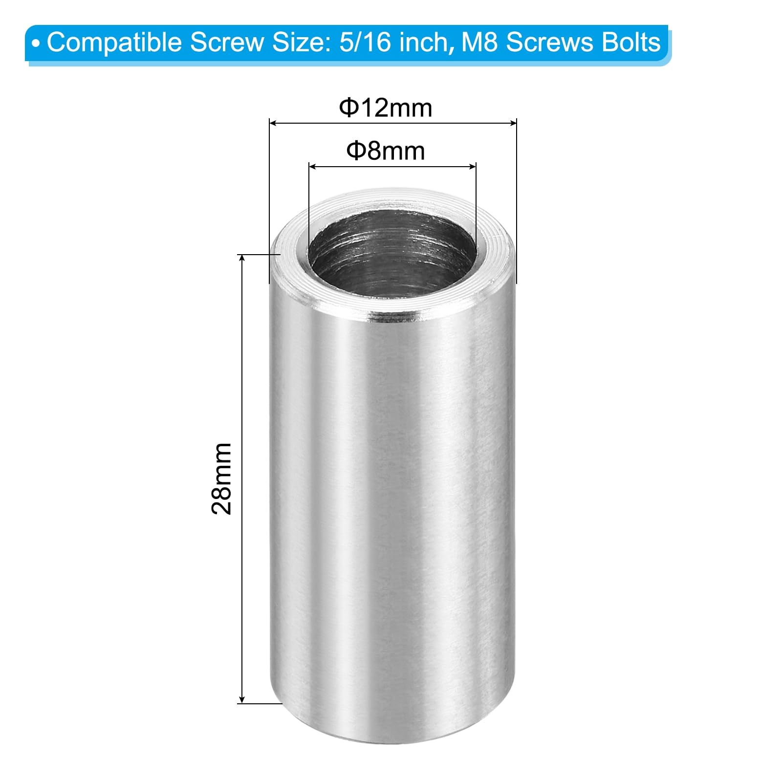 PATIKIL M8 Stainless Steel Spacers, 12Pcs Metal Spacer 8mm ID x 12mm OD x 28mm L Screw Standoff for 5/16" or M8 Screw - Image 2