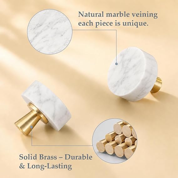 4 Pack Marble Cabinet Knobs, White Marble Drawer Knobs with Gold Metal Base