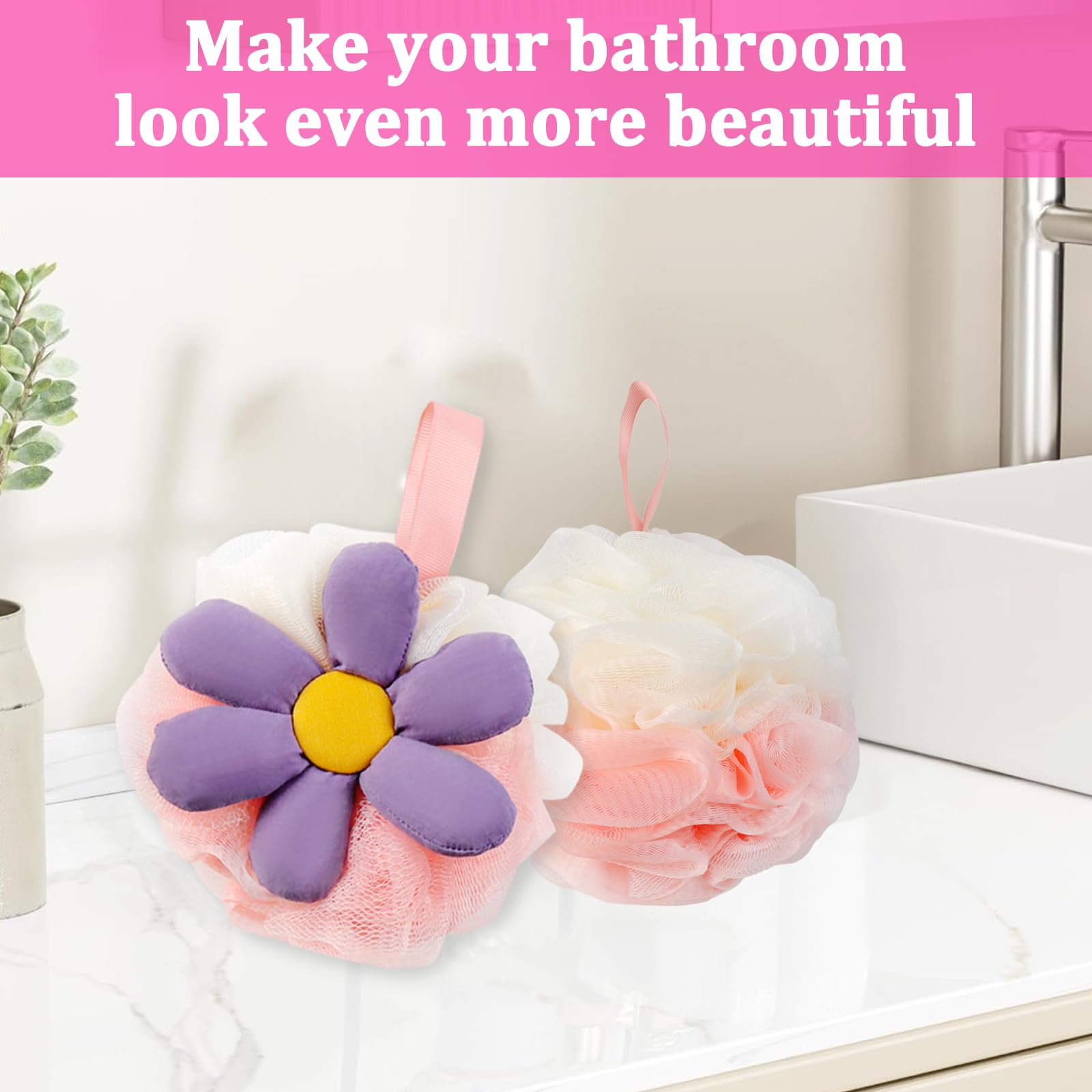 2 esponjas de baño de flores bonitas de malla de lufa, esponja exfoliante para mujer, esponja de ducha suave para piel sensible en accesorios de baño de belleza