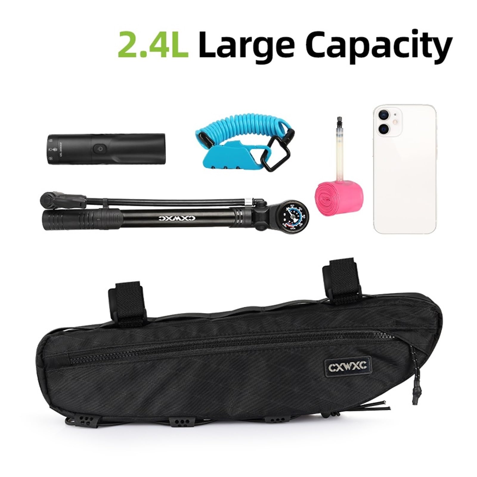 Borsa for telaio triangolare for bicicletta di grande capacità da 1 pezzo da 2,4 litri