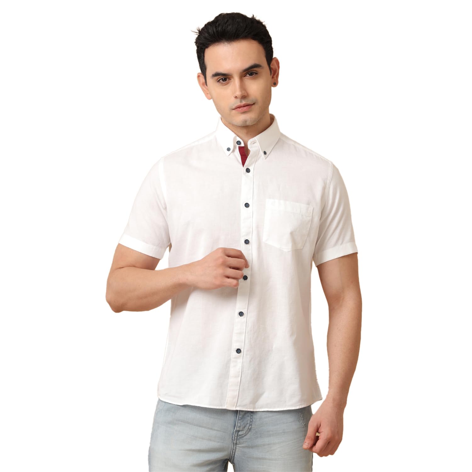 Cavallo by Linen Club Men's White Solid Slim Fit Half Sleeve Cotton Linen Casual Shirt