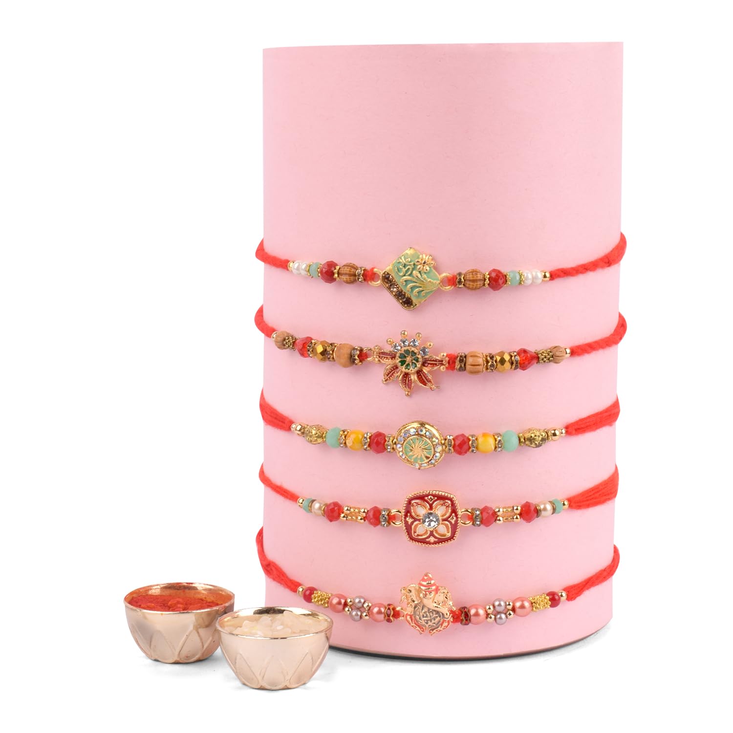 CraftsmanSATVIK 5 Pc Rakhi for Brother Bhaiya Bhabhi Traditional Handmade Assorted Designer Rakhi Set Roli Chawal, Greeting Card & Soun Stickers Rakhi Thread Rakhdi Bracelets Rakshabandhan