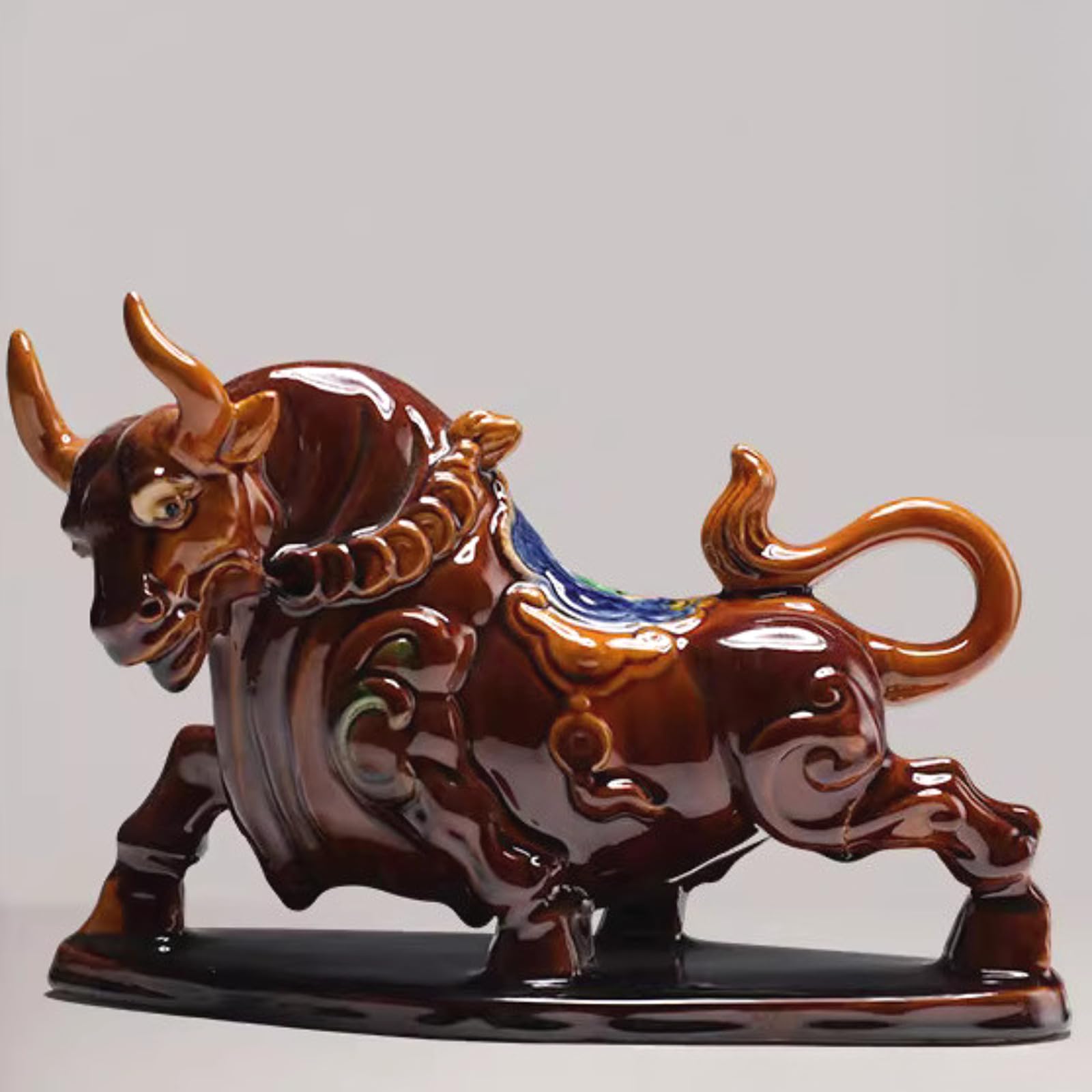 Statue chinoise taureau en céramique marron pour salon - Décoration Feng Shui d'intérieur